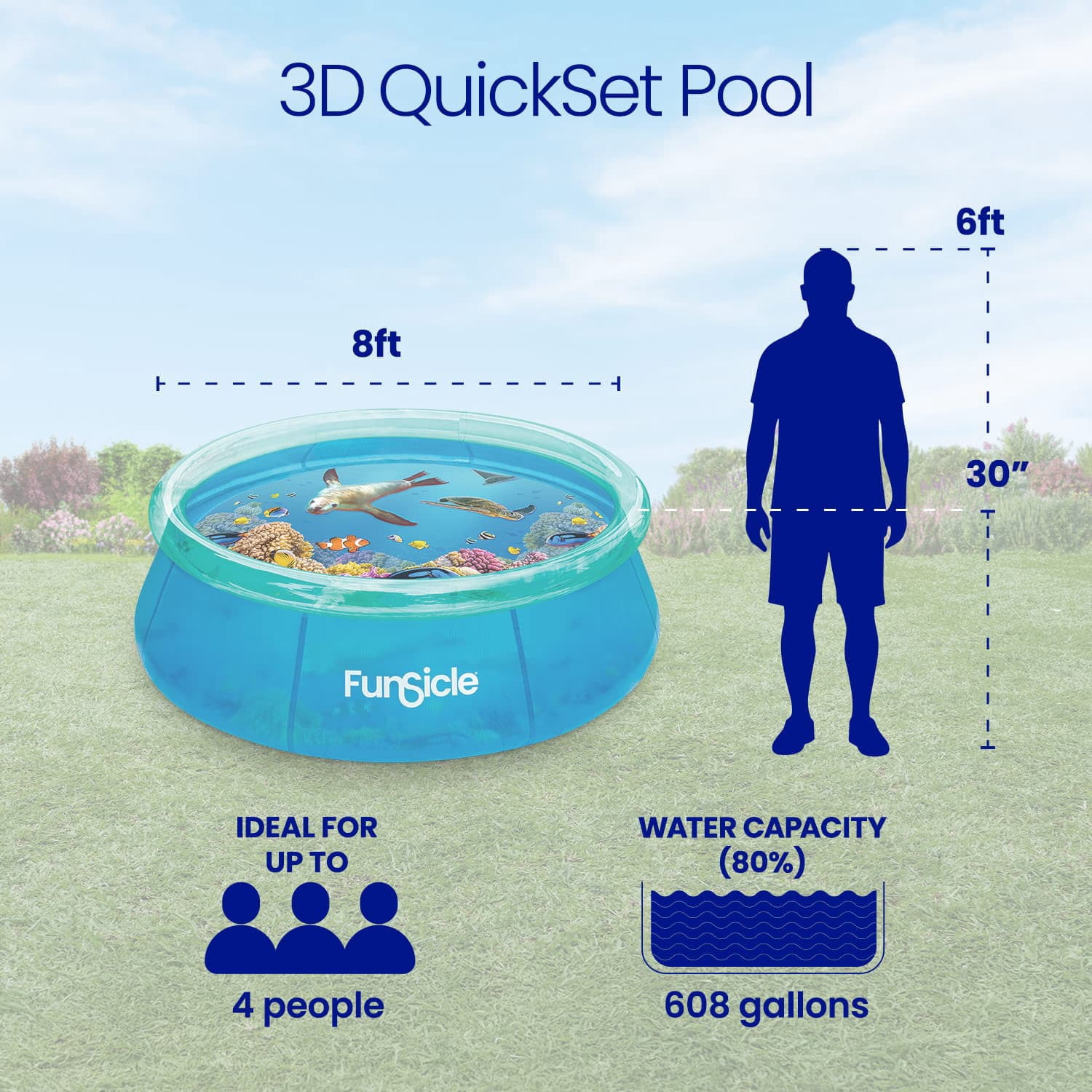Funsicle 3D Fun QuickSet Above Ground Swimming Pool – with 2 Pairs of Goggles, 8' x 30", Round, Transparent