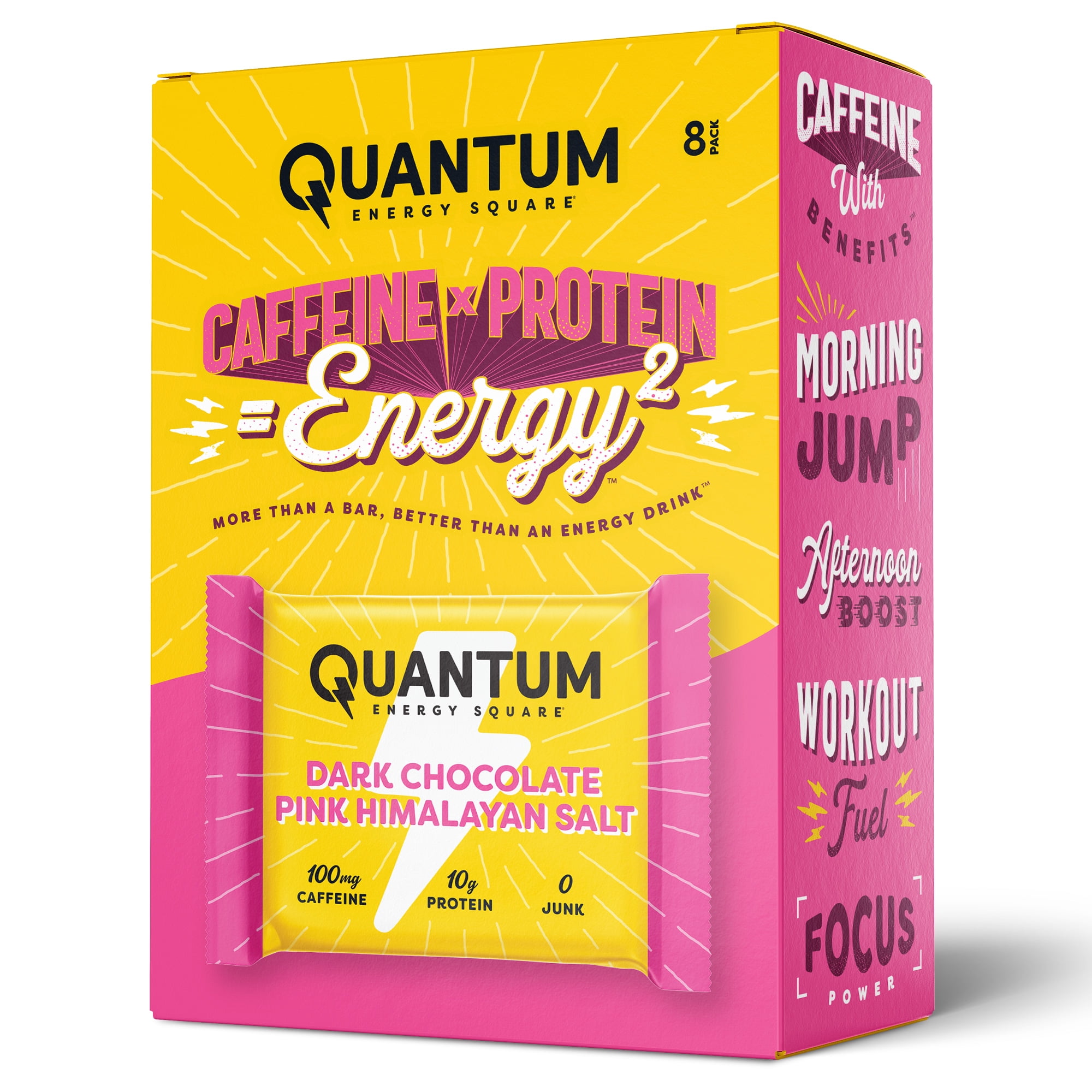 Quantum Energy Square: Energy Bar with Caffeine & 10g Protein. Delicious Healthy Snack On The Go. (Vegan, Gluten-free, Soy-free, Dairy-free). Flavor: Dark Chocolate Pink Himalayan Salt 8Pk