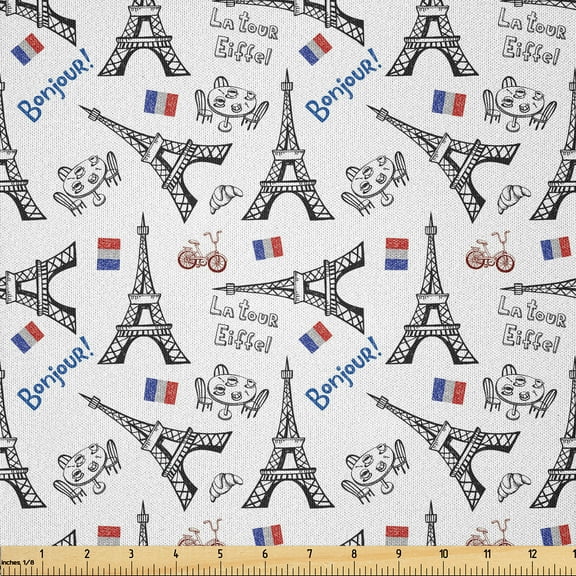 Ambesonne Eiffel Fabric by the Yard Microfiber, French Doodle Art, 10 Yards, Blue Black Red