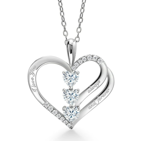 Gem Stone King 925 Sterling Silver Heart Shape White Moissanite "I love you always and forever" Pendant Necklace for Women (0.79 Cttw, with 18 inch Silver Chain)