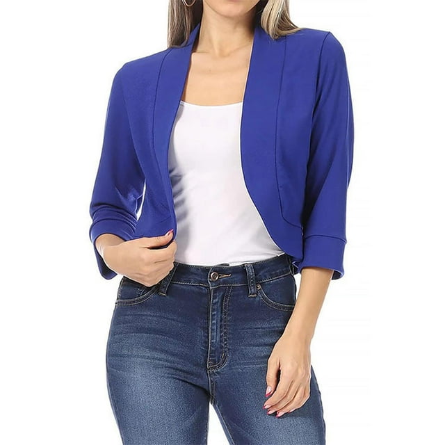 Pisexur Women's Casual Cropped Blazer 3/4 Sleeve Collarless Open Front Ruffle Work Office Cardigan Suit Jacket Shrug Work Office Suit