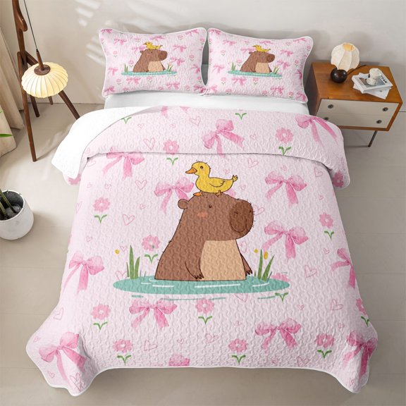 Erosebridal Cute Capybara Duck Twin Quilt Set for Teens,Dreamy Bow Flowers Twin Coverlet Set Boy Girls