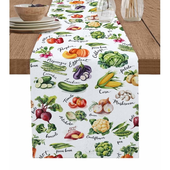 Vegetables Table Runner 36 Inches, Watercolor Farmhouse Fruits Bed Runner Dresser Scarves Tabletop for Indoor Outdoor Parties/Ceremony/Banquet, 13"x 36"