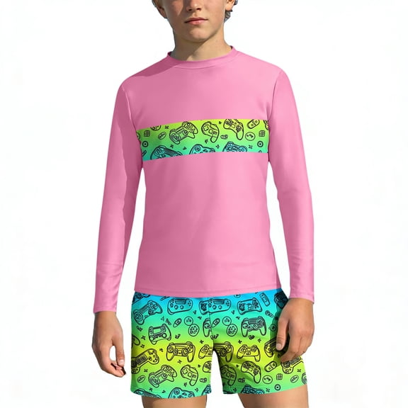 ITSAME Boys Rash Guard Swimwear 2-Piece Quick-Dry Long Sleeve Tops and Swim Trunks Summer Beach Swimsuit Pink Size 5-6
