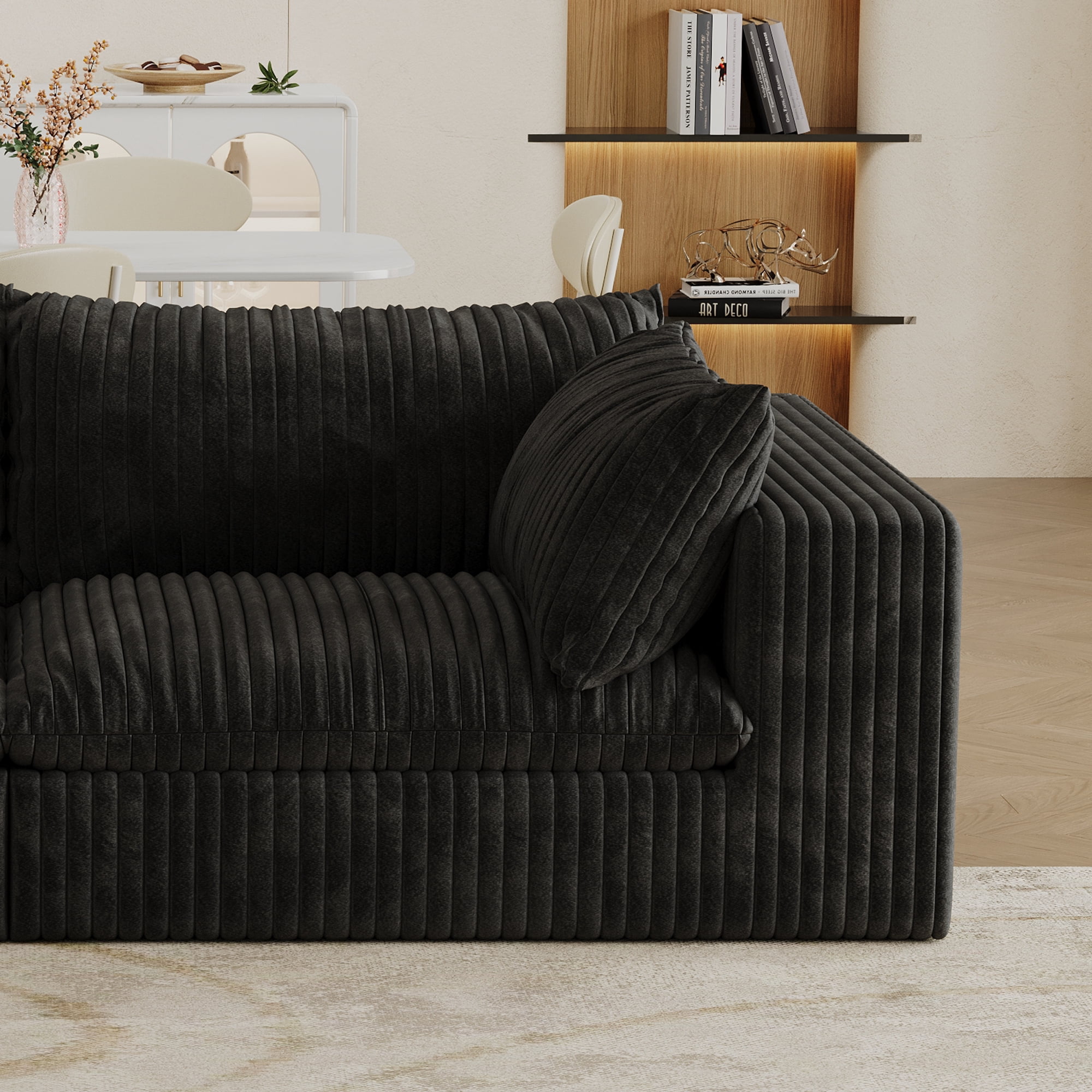 MAYEERTY Cloud Sofa Black Corduroy Deep Seat Double-Layer Removable Cushion No Assembly Multi-Rooms