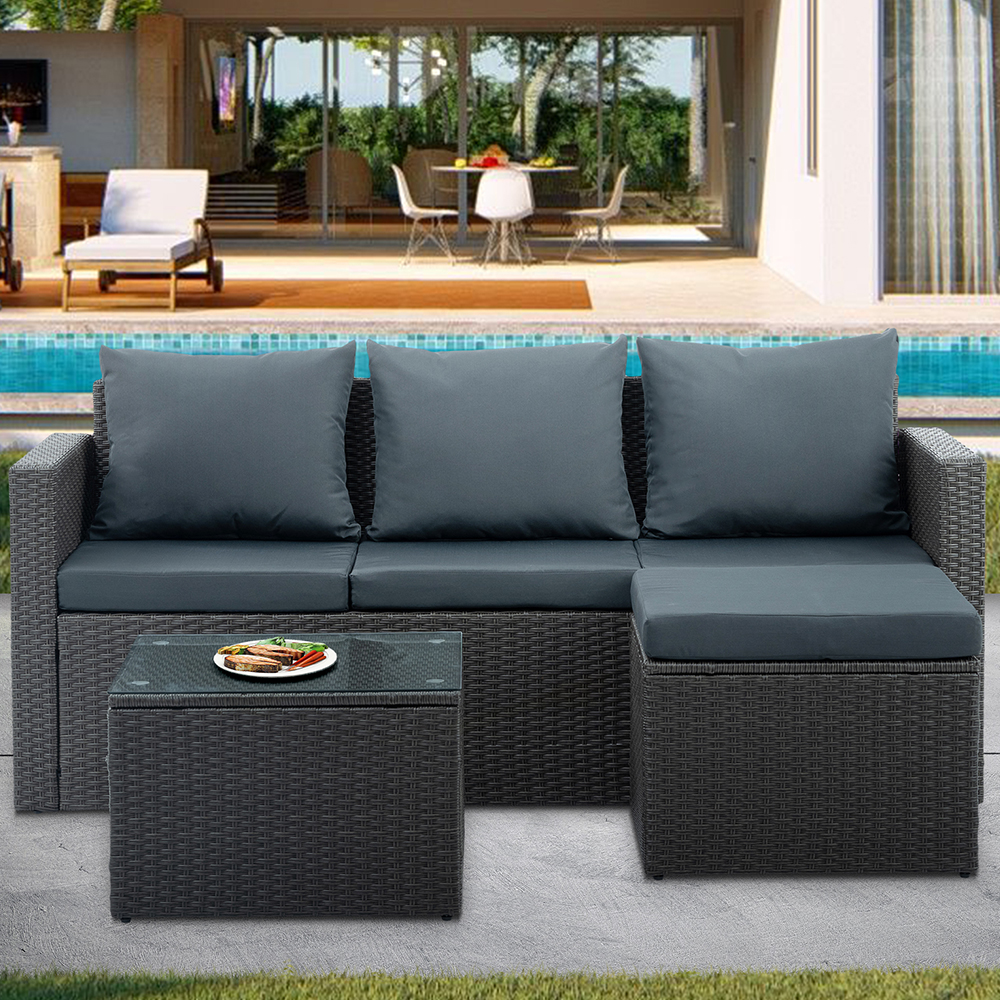 Rattan Patio Sofa Set, 3 Pieces Outdoor Sectional Furniture, All-Weather PE Rattan Wicker Patio Conversation, Cushioned Sofa with Glass Table & Ottoman for Patio Garden Poolside Deck - image 2 of 10