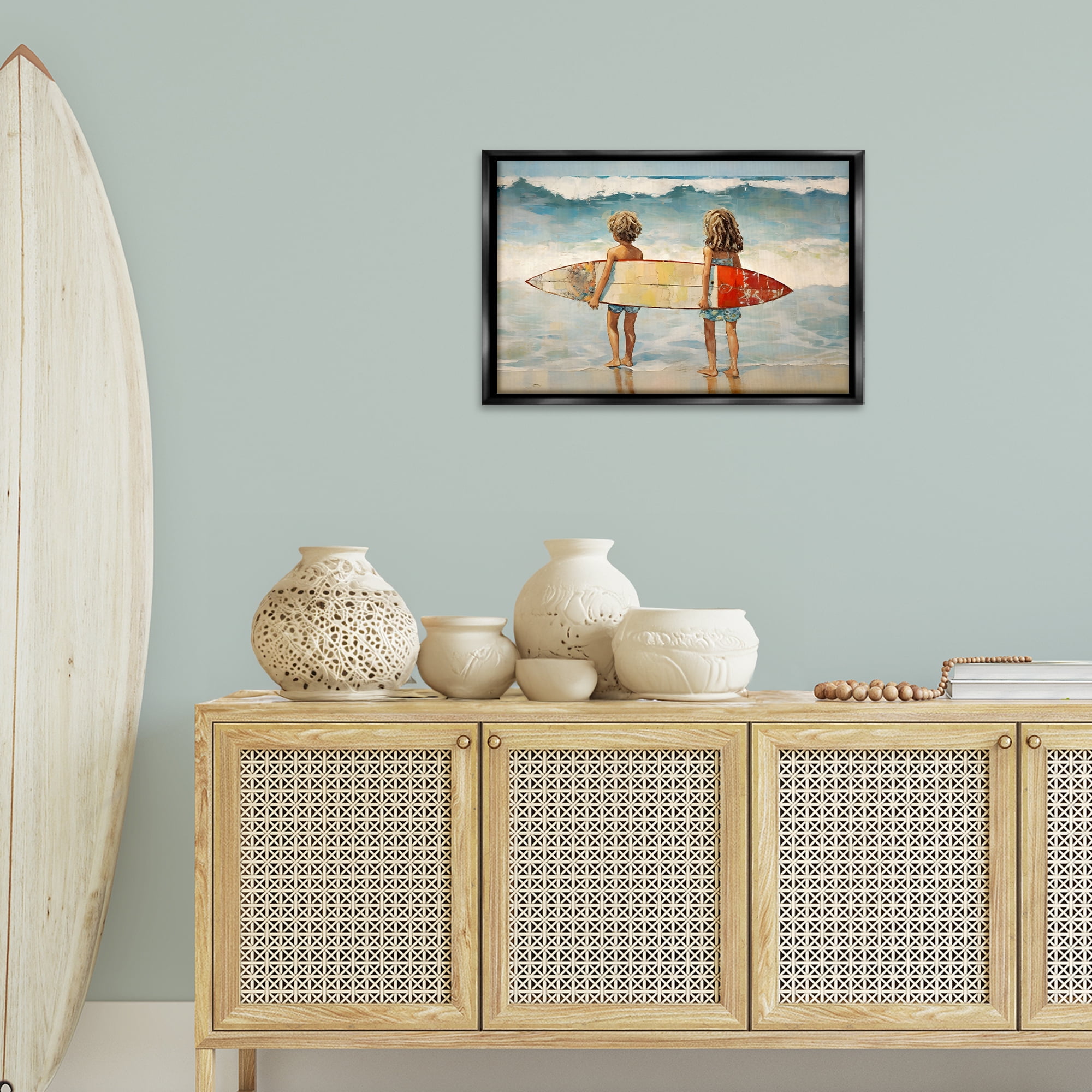 Stupell Industries Kids with Surf Waves People Painting Black Floater Framed Canvas Art Print Wall Art, 25 x 17