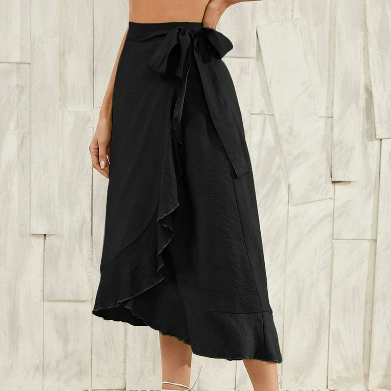 【BADBLOOD】Low Edge Midi Wrap Skirt - Black Yuwull Women's Ruffle Skirts Boho Wrap Side Tie Knot Split