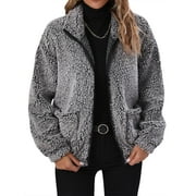 ZXZY Women Lapel Collar Zip Up Long Sleeve Solid Color Fleece Pockets Coat