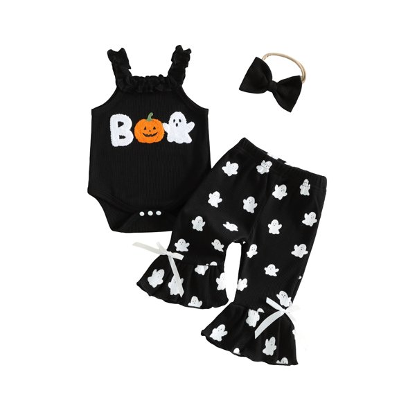 Cenuakty Girls Halloween Outfits Ghost Embroidery Romper Flared Pants Headband