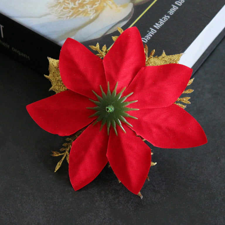 Floral Home Sparkling Glittered Poinsettia 3-Ball Picks, Festive Christmas Floral Decor - 1 Dozen Pack in Gold | Mathis Home