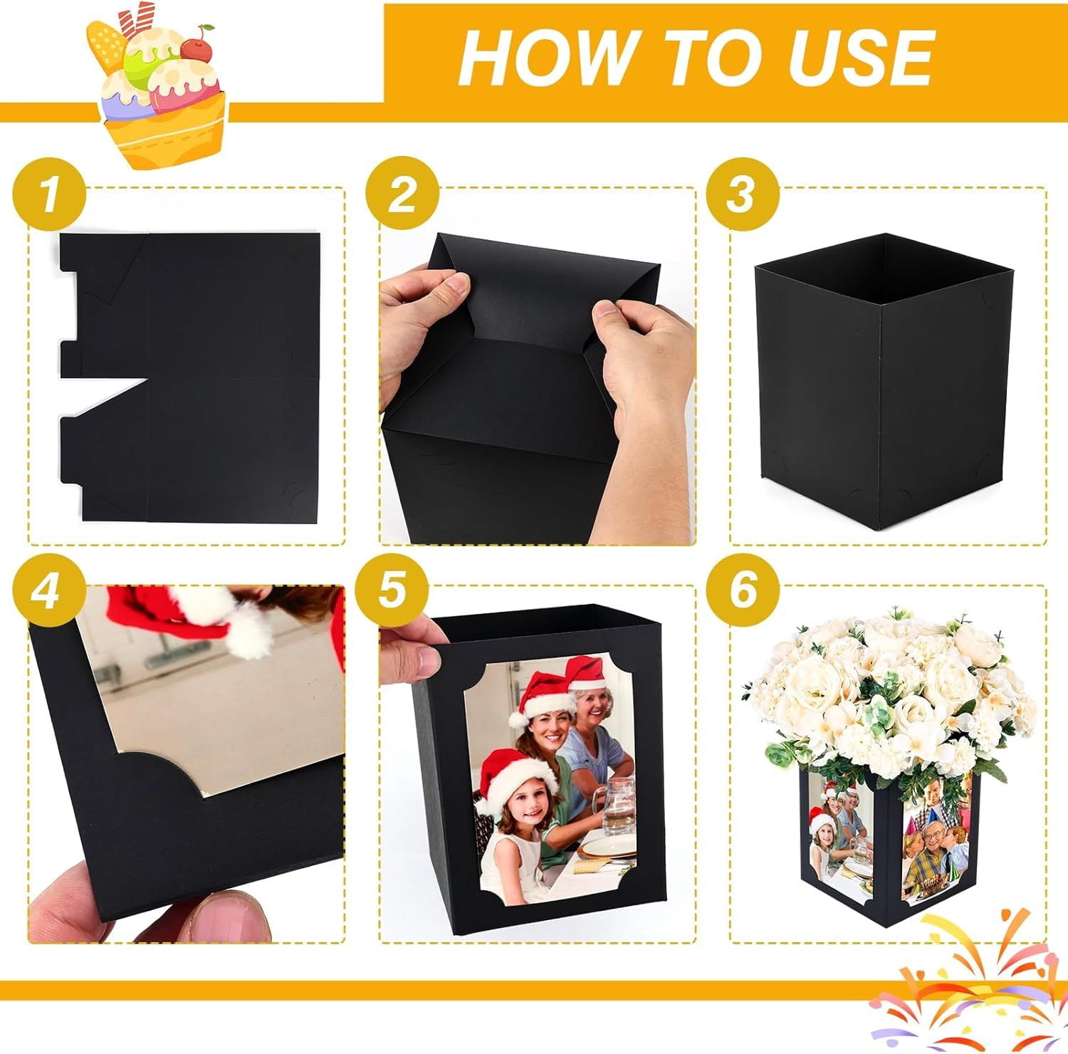 12Pcs Picture Centerpieces for Table, 6 Inch Photo Display Frame & Hollow Picture Props Box for Congrats Grad Decor, Wedding, Birthday Party Table Decoration (Black)