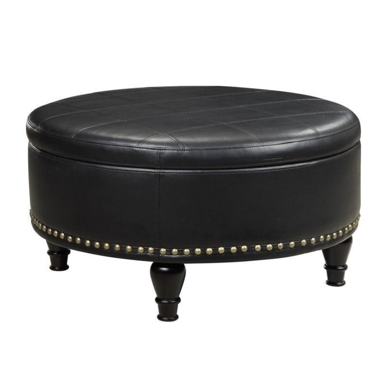OSP Home Furnishings Augusta Round Storage Ottoman in Black Bonded