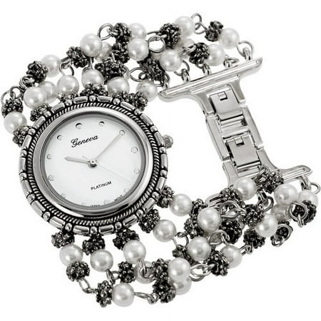 Women's Platinum Faux Pearl Watch, Metal Chain Bracelet
