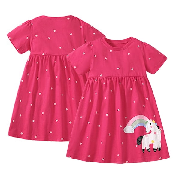 WOLLED Toddler Girls Short Sleeve Cotton Dresses Kids Crew Neck Cartoon Dress Baby Casual Loose Dress Playwear for 2-8 Years Old