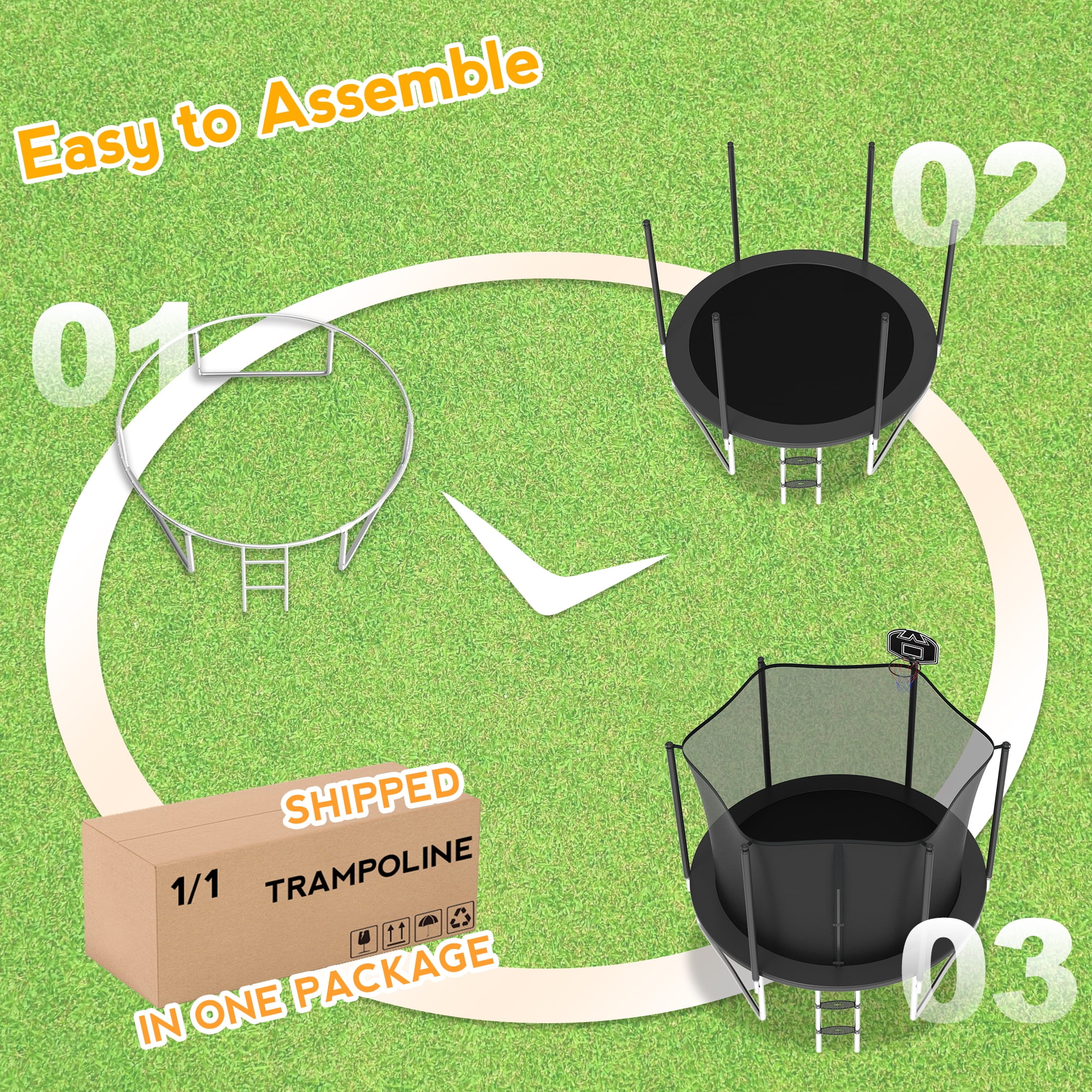 XMIKA Trampolines for Kids, 10FT 14FT 16FT Outdoor Trampolines with Safety Enclosure Net, Basketball Hoop, Lights, Sprinkler, 1000LBS Round Heavy Duty Recreational Backyard Trampoline for Adults
