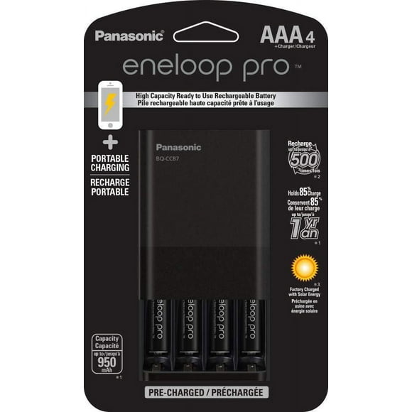 Panasonic Eneloop Chargeur de batterie individuel avec technologie de charge portable et 4 piles rechargeables AAA Eneloop Pro