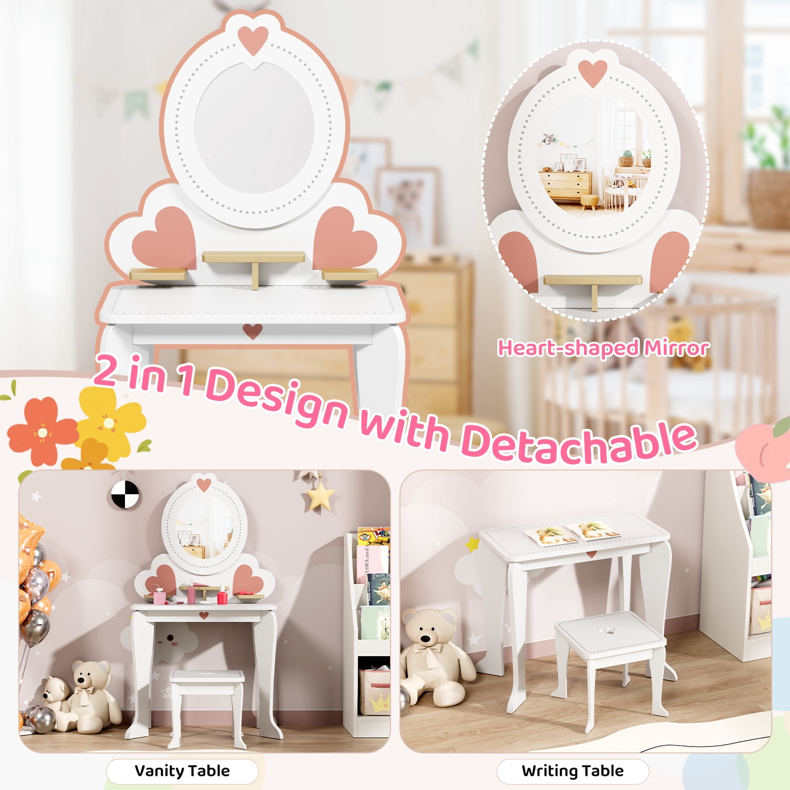 Pirecart Kids Vanity Table and Chair, Makeup Dressing Set with Round Mirrors and 8 Pcs Pretend Play Accessories, White