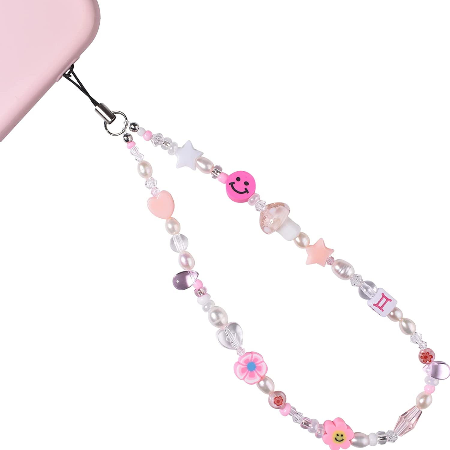 Smiley Face Beads Phone Charm Lanyard Wrist Strap, Cute Phone