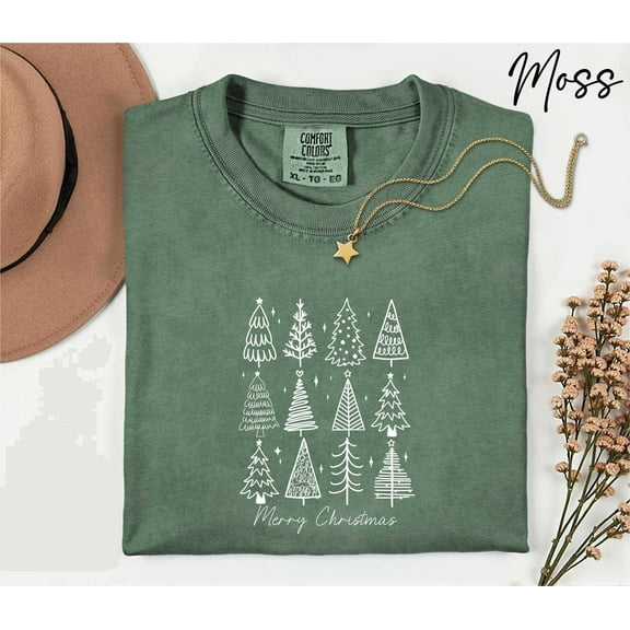 Comfort Colors Minimalist Christmas Tree Unisex T-Shirt, Retro Holiday Party Tee