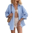 thumbnail image 2 of Womens Striped Oversized Button Down Shirts Long Sleeve Collared Blouses Shackets for Women Blue M, 2 of 9