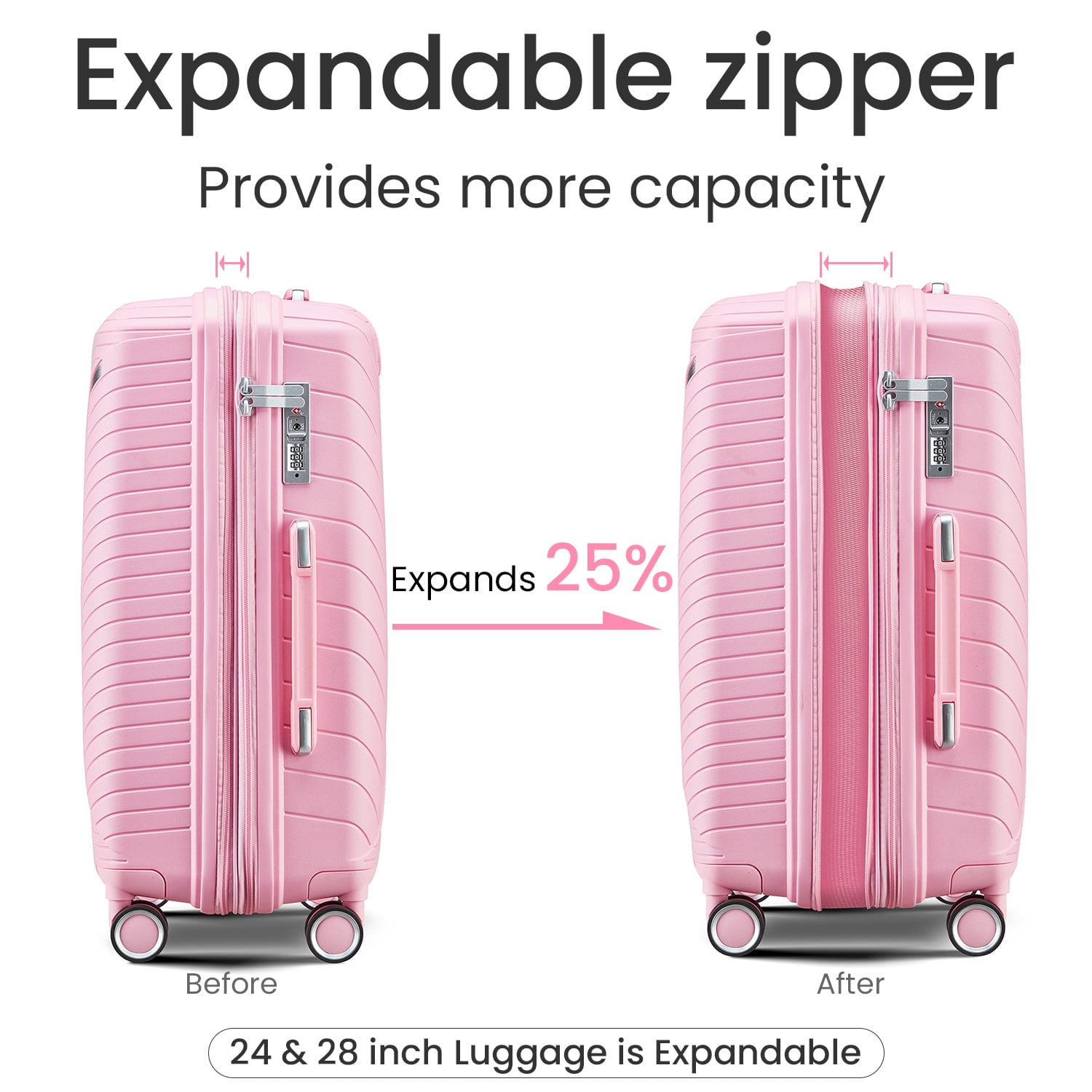 4 Piece Luggage Set, Expandable Lightweight Suitcase Set with 360° Double Spinner Wheels Integrated TSA Lock, Pink (14/20/24/28)