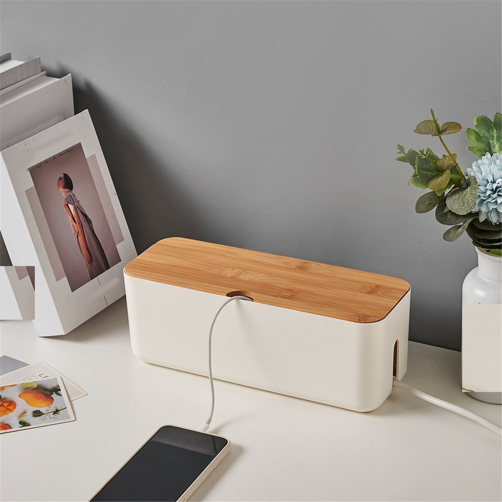 MOPOOR 2PCS White Cable Management Box with Wood Lid Desk TV Wood Lid Computer USB Hub Cable Organizer Box To Cover and Hide Power Strips Wires for Home Office