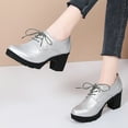 thumbnail image 4 of Women's Leather Classic Lace Up Platform Chunky Mid-Heel Square Toe Oxfords Dress Pump Shoes, 4 of 6