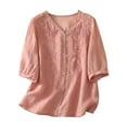 thumbnail image 2 of Aobny Womens&nbsp;Tshirt Pink Button Up Embroidered T-Shirt Elbow-Length V-Neck Women's Tshirts,L, 2 of 9