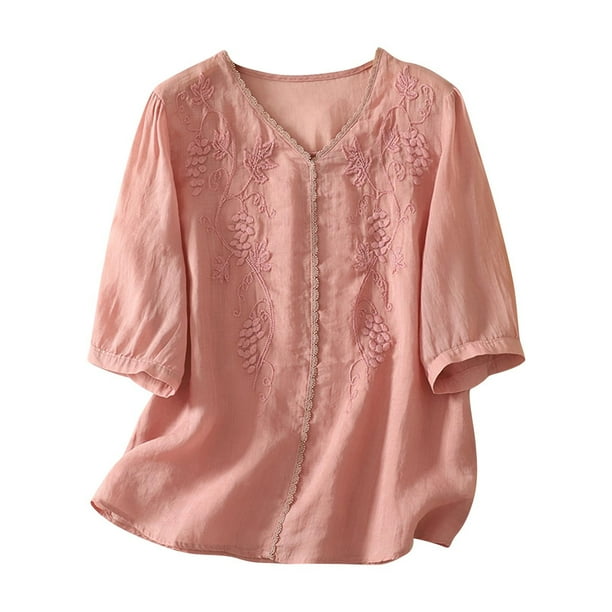 Vestidos Casuales Para Mujer, Blusas De Mujer De Moda Blusa de moda para mujer con escote en V y mangas 3/4 con encaje bordado de imitación de lino