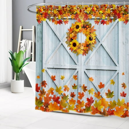 HVEST Maple Leaves Shower Curtain,Sunflower Blue Barn Door Bathroom Curtain,Farmhouse Harvest Hoilday Bath Curtain Polyester Fabric with Hooks Bath Decor Accessories,72x78 Inches