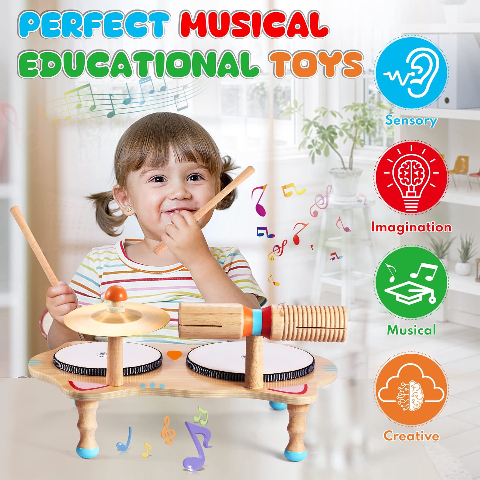 OATHX Toddler Educational Music Toys Kids Drum Set Wood Montessori Learn Baby Musical Instruments Birthday Gift