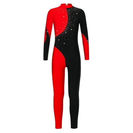CHICTRY Girls Shiny Rhinestones Full Body Dance Jumpsuit Long Sleeve Backless Gymnastic Athletic Bodysuit Dancewear