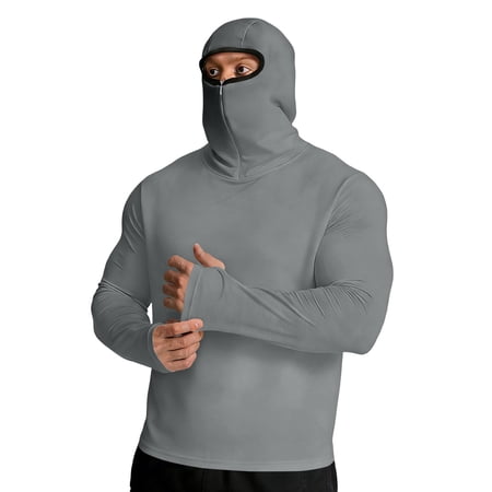 Men s Compression Shirts Fishing Hoodie with Mask Turtleneck Long Sleeve Running Base Layer Top Workout Sports Undershirts with Thumbholes Gray