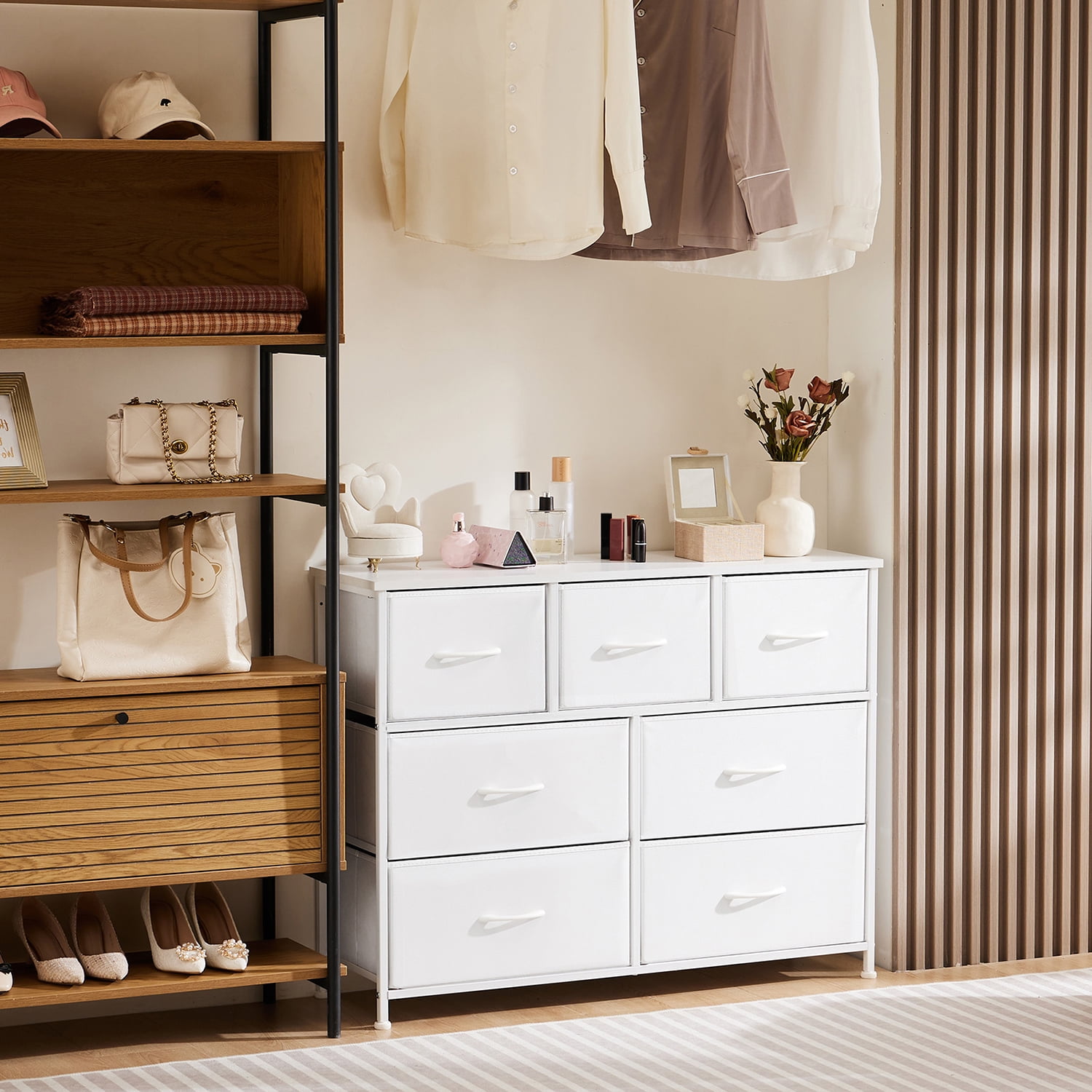 JIOABL Dressers with 7 Fabric Drawers, White