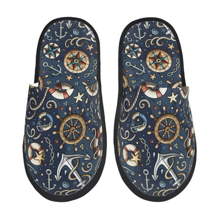 Balery Nautical Slient Indoor Furry Fleece Comfort House Shoes Soft Non-Slip Home Shoes Cotton slippers House Slippers-- Medium