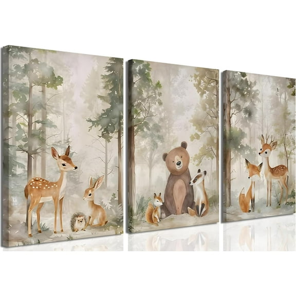 Woodland Animal Nursery Canvas wall Hieng Set of 3 Wild Animals Wall Decor Forest Fox Bear Deer Watercolor Poster Printing for kindergHiengen Boys Girls Room Home Framed