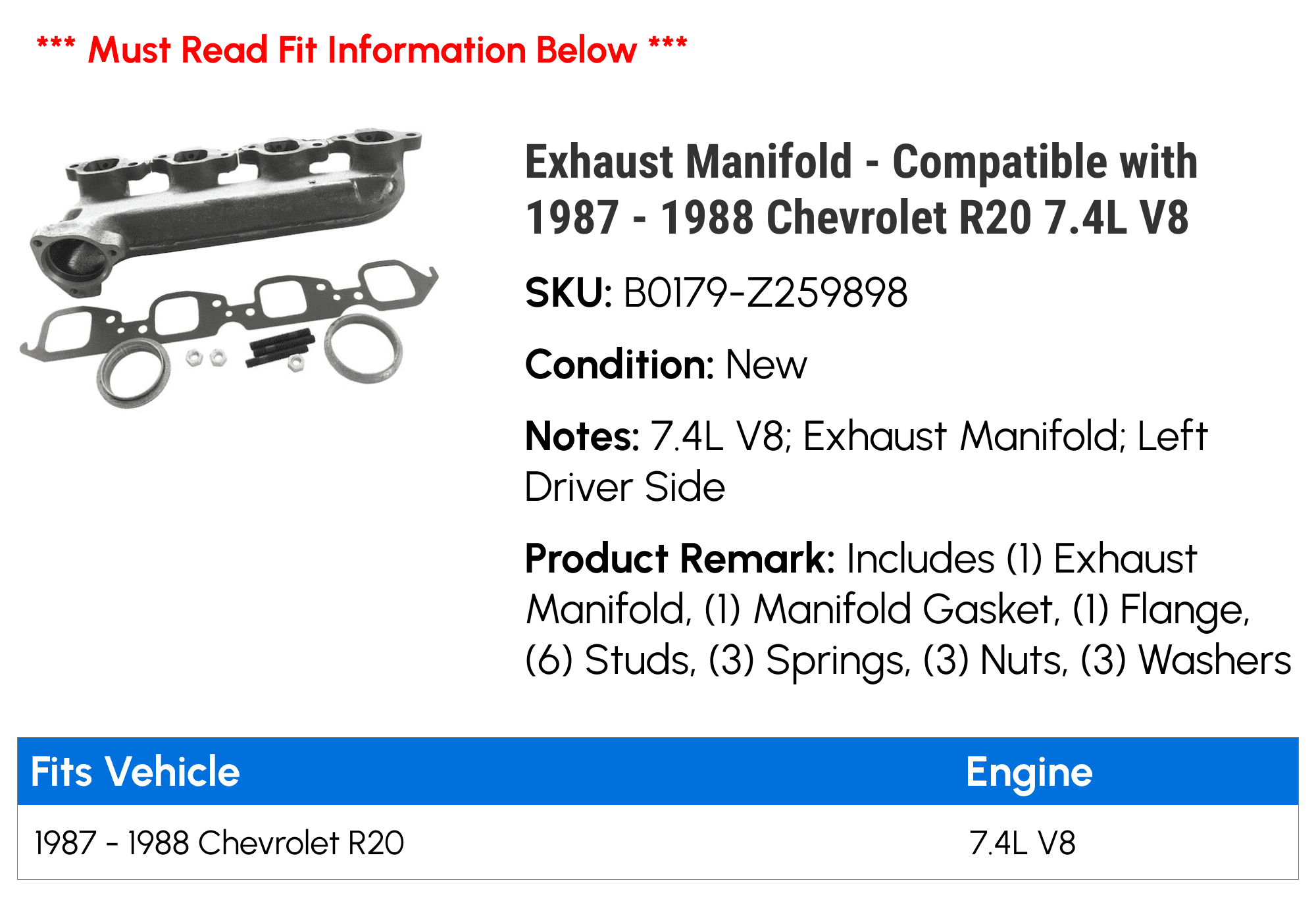 Exhaust Manifold - Compatible with 1987 - 1988 Chevy R20 7.4L V8