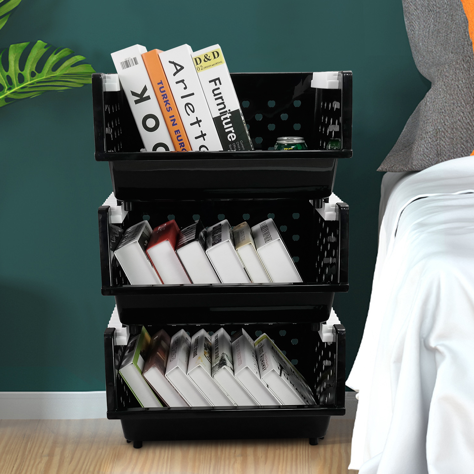 Teyyvn 3 Packs Plastic Stackable Storage Baskets, Stacking Plastic Bins for Organizer,  Black