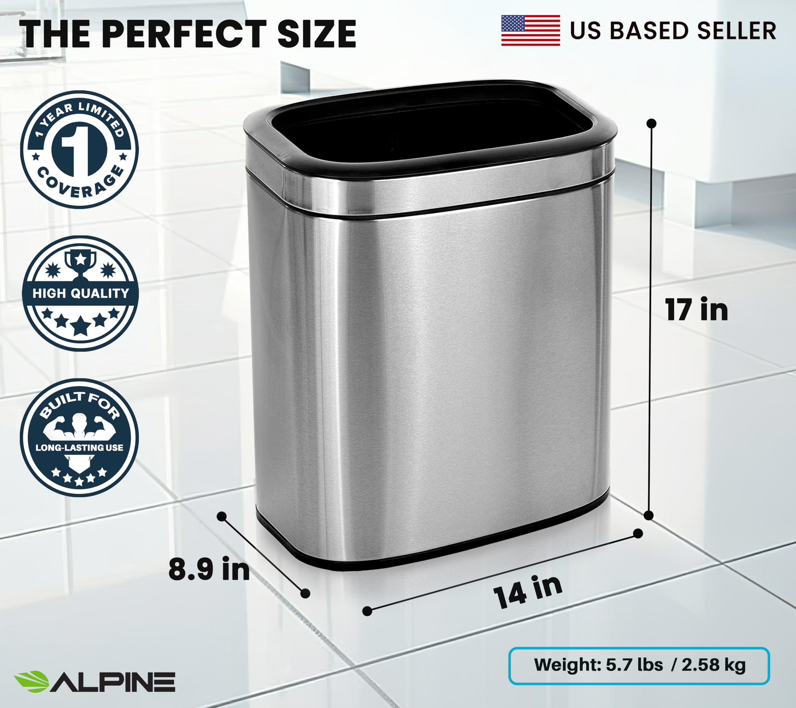 Alpine 20 Liter /5 Gallon Trash Can Open Top - SS Trash Can No Lid, Modern Silver Metal WasteBasket, Narrow Trash Can with Removable Trash Bin for Office Desk, Kitchen, Bathroom