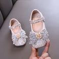 thumbnail image 2 of SGFCWSX Girls Ballet Flats Kids Rhinestone Pearl Bow Ankle Strap Sparkly Wedding Party Flower Girl Shoes Beige Size 6.5 Toddler, 2 of 7