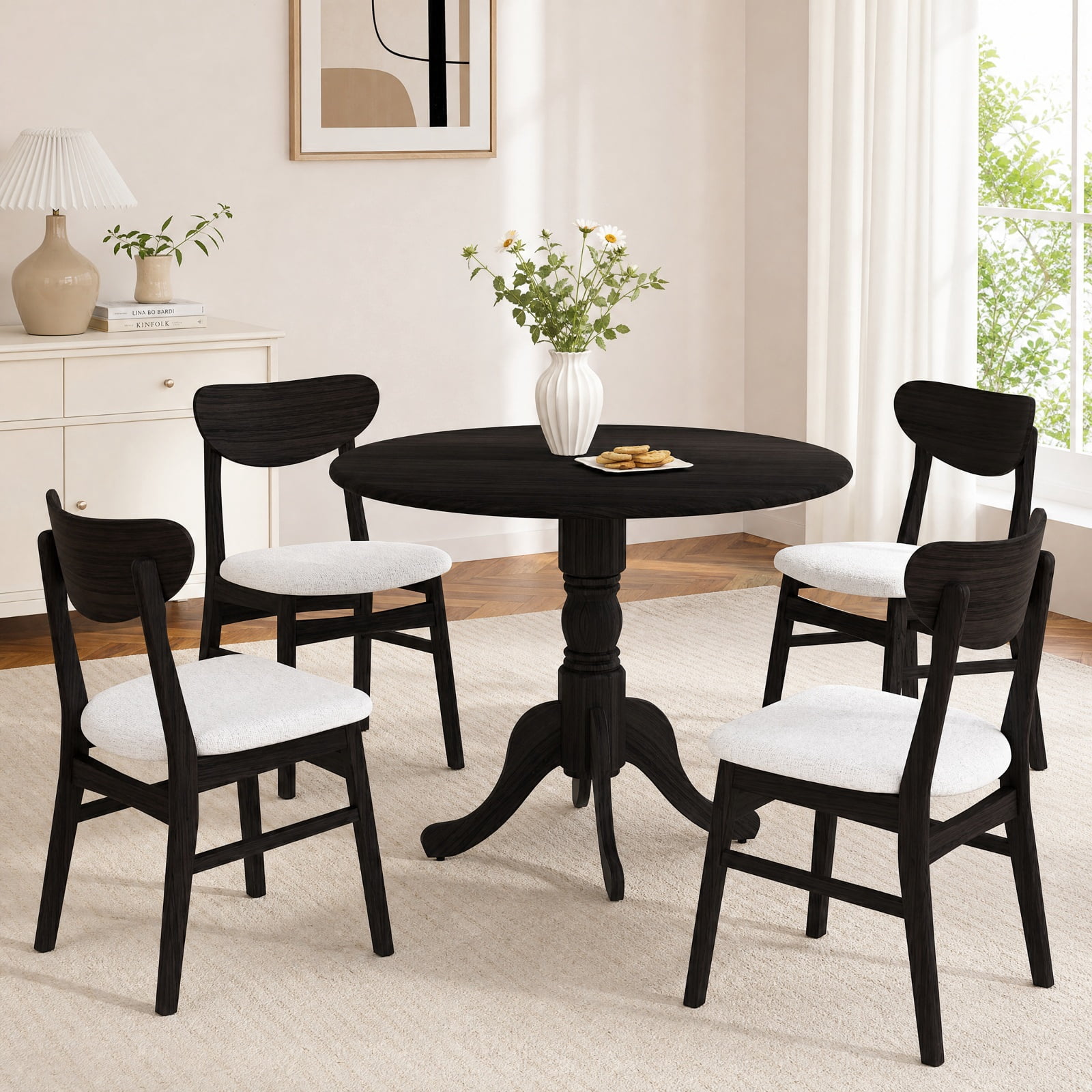 Furnibear Wooden Round Dining Table for 4 with Curved Trestle Legs and Adjustable Foot Pads for Kitchen and Dining Room, Black