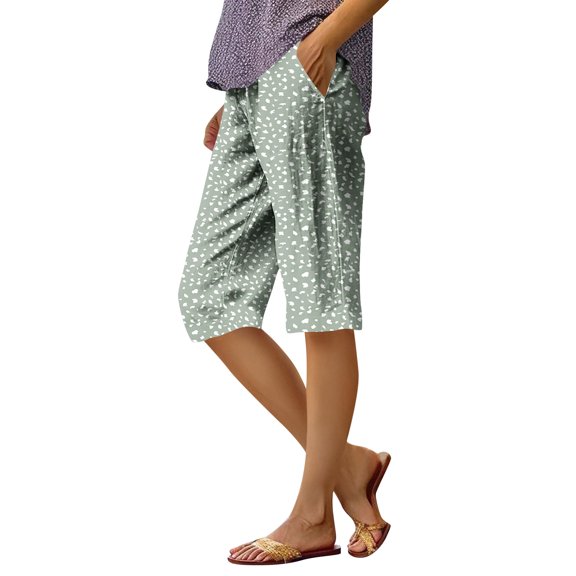 Women's Floral Print Elastic Waist Capri Pants with Pockets, Casual Loose Knee Length Cropped Trousers, Summer Breathable Casual Shorts for Women Daily Lounge Wear 05-Mint Green XXXL