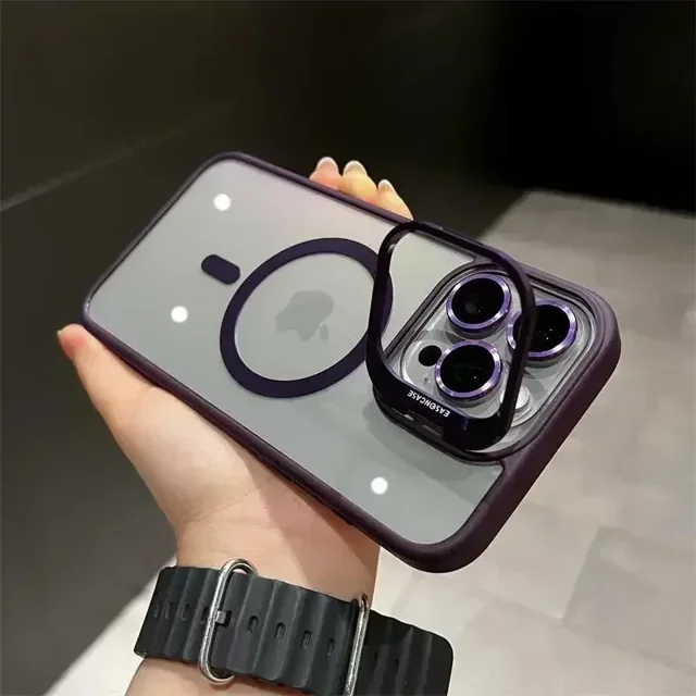 Magsafe-funda de teléfono con soporte de protección de lente magnética para IPhone 11, 12, 13, 14, 15, 16 Pro Max, cristal de cámara, cubierta de anillo de Metal transparente Dark Purple For iphone12