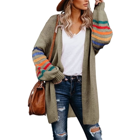 SHEWIN Women Open Front Cardigan Stripe Sweater Batwing Long Sleeve Ribbed Knit Khaki Outwear Coat M
