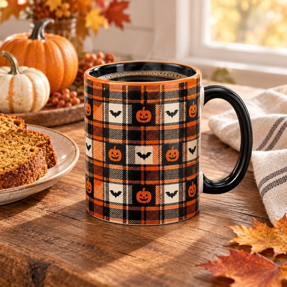 Coffee Mug Halloween Plaid Pumpkins and Bats, Festive Drinkware for Fall Parties