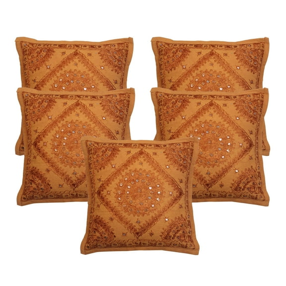 Stylo Culture Indian Settee Sofa Throw Pillow Covers 16 x 16 Hand Embroidered Khaki Brown Bohemian 40 x 40 cm Home Decor Cotton Mirrored Square Cushion Covers | Set Of 5