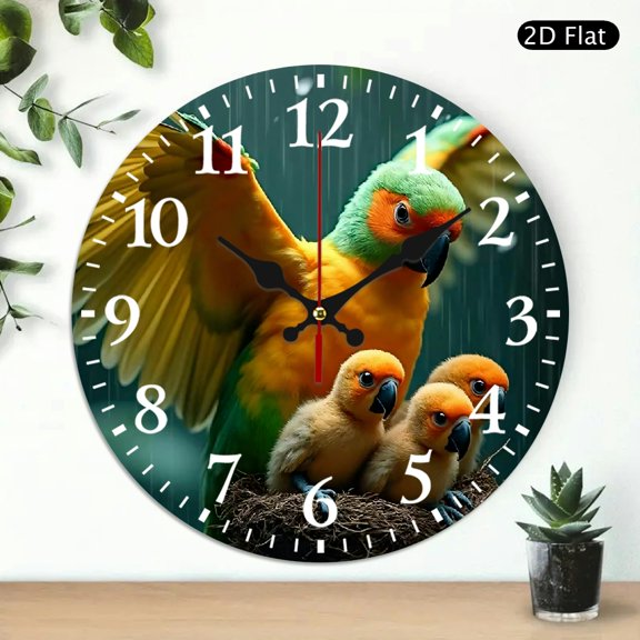 Round Wall Clock Tropical Parrot And Chicks Design Decorative Analog Clock 10x10 Inch 1pc Battery Not Included