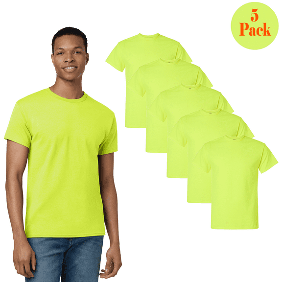 Gildan Men's Crew Neck Heavy Cotton Hi-Vis Tee, Short Sleeve Work T-Shirt, Safety Green, 5 Pack, S