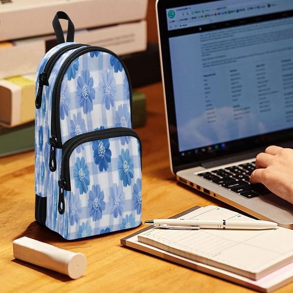 Backpack Pencil Case, 3 Compartment Large Capacity Oxford Fabric Pencil Pouch / Beautiful Blue Gardenias